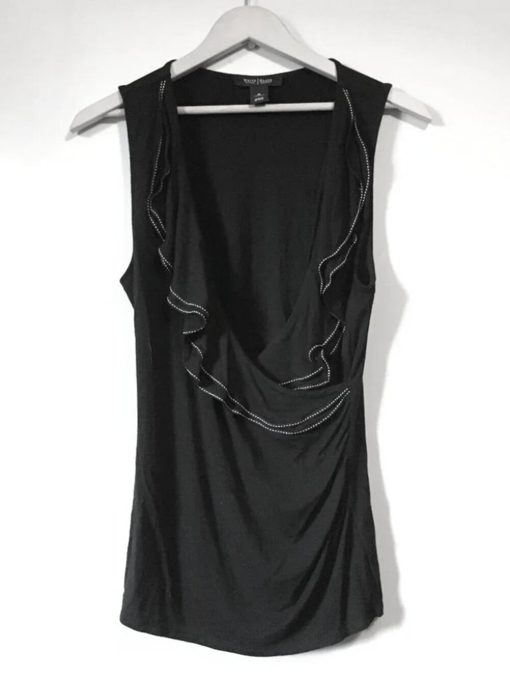 WHBM Black Ruffled White Stitchwork Rayon Wrap Tank Top M 90s Whimsigoth